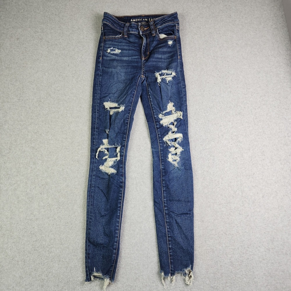 American Eagle Jegging Jeans‎ Womens 0 Blue Denim Hi-Rise Y2K Distressed Raw Hem